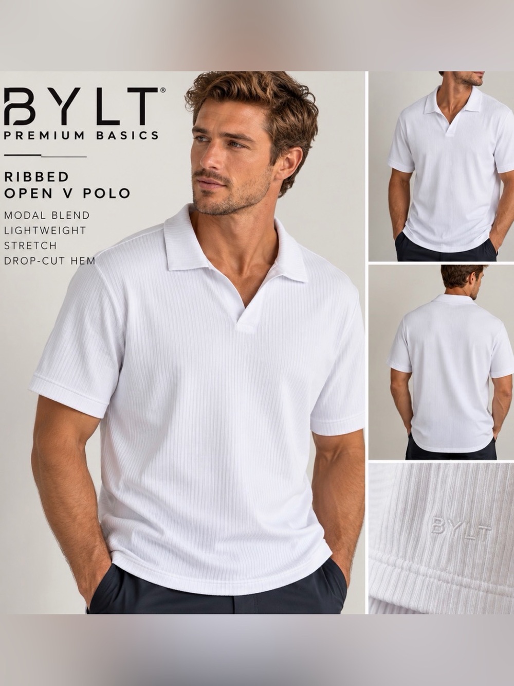 BYLT Ribbed Open V Polo White Men’s XXL 2XL Modal Drop Cut